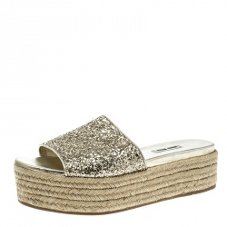 Miu Miu Metallic Gold Glitter Espadrille Platform Slides Size 40