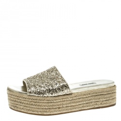 Miu Miu Metallic Gold Glitter Espadrille Platform Slides Size 40