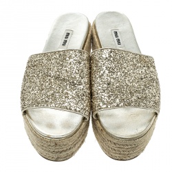 Miu Miu Metallic Gold Glitter Espadrille Platform Slides Size 40