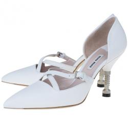 Miu Miu White Leather Pointed Toe Metal Heel D'Orsay Pumps Size 36.5