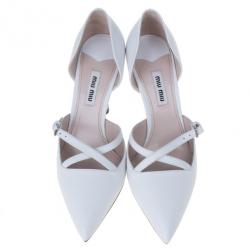 Miu Miu White Leather Pointed Toe Metal Heel D'Orsay Pumps Size 36.5