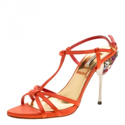 Miu Miu Orange Satin Crystal Embellished Heel T Strap Sandals Size 37