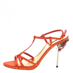 Miu Miu Orange Satin Crystal Embellished Heel T Strap Sandals Size 37