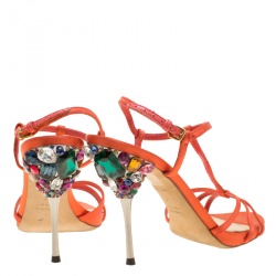 Miu Miu Orange Satin Crystal Embellished Heel T Strap Sandals Size 37