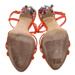 Miu Miu Orange Satin Crystal Embellished Heel T Strap Sandals Size 37