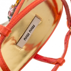 Miu Miu Orange Satin Crystal Embellished Heel T Strap Sandals Size 37
