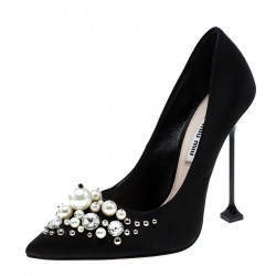 Miu Miu Black Satin Crystal and Pearl Embellished Pointed Toe Pumps Size 37