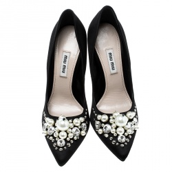 Miu Miu Black Satin Crystal and Pearl Embellished Pointed Toe Pumps Size 37