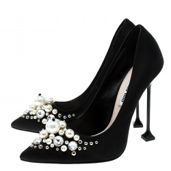 Miu Miu Black Satin Crystal and Pearl Embellished Pointed Toe Pumps Size 37