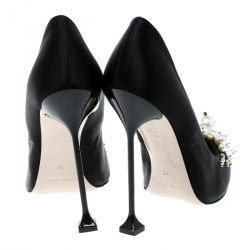 Miu Miu Black Satin Crystal and Pearl Embellished Pointed Toe Pumps Size 37