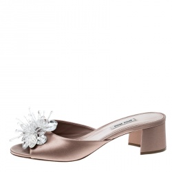 Miu Miu Beige Satin Crystal Embellished Peep Toe Block Heel Slides Size 39