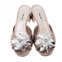 Miu Miu Beige Satin Crystal Embellished Peep Toe Block Heel Slides Size 39
