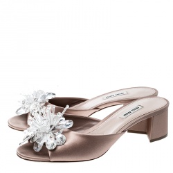 Miu Miu Beige Satin Crystal Embellished Peep Toe Block Heel Slides Size 39