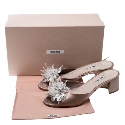 Miu Miu Beige Satin Crystal Embellished Peep Toe Block Heel Slides Size 39