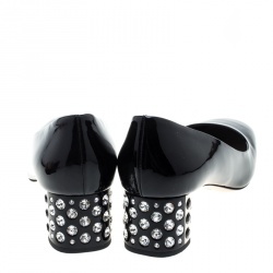 Pre Owned حذاء كعب عالي ميو ميو جلد أسود لامع كريستال مزخرف كعب مربع سميك مقاس 40