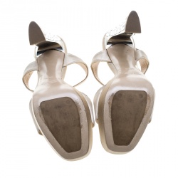 Miu Miu Beige Satin T Strap Crystal Embellished Heel Peep Toe Platform Sandals Size 36.5
