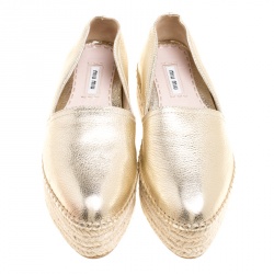 Miu Miu Metallic Gold Leather Platform Espadrilles Size 36