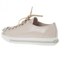 مملوكة مسبقًا Miu Miu Nude Patent Leather Jewel Studded Cap Toe Sneakers Size 38