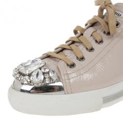 مملوكة مسبقًا Miu Miu Nude Patent Leather Jewel Studded Cap Toe Sneakers Size 38