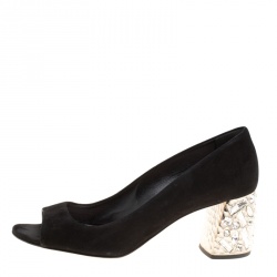 Miu Miu Black Suede Crystal Embellished Peep Toe Pumps Size 36.5