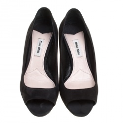 Miu Miu Black Suede Crystal Embellished Peep Toe Pumps Size 36.5