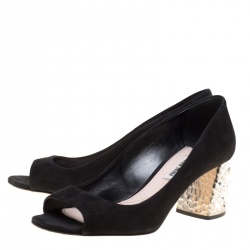 Miu Miu Black Suede Crystal Embellished Peep Toe Pumps Size 36.5