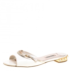 Miu Miu White Patent Leather Peep Toe Crystal Embellished Heel Flat Slides Size 36