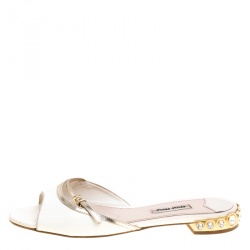 Miu Miu White Patent Leather Peep Toe Crystal Embellished Heel Flat Slides Size 36