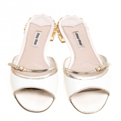 Miu Miu White Patent Leather Peep Toe Crystal Embellished Heel Flat Slides Size 36