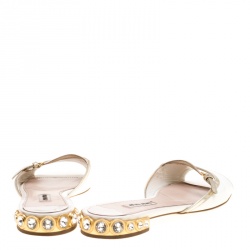 Miu Miu White Patent Leather Peep Toe Crystal Embellished Heel Flat Slides Size 36