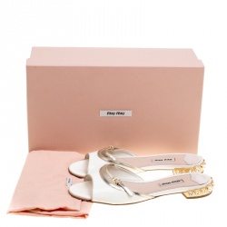 Miu Miu White Patent Leather Peep Toe Crystal Embellished Heel Flat Slides Size 36