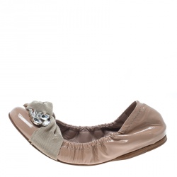 Miu Miu Beige Patent Leather Crystal Embellished Scrunch Ballet Flats Size 37