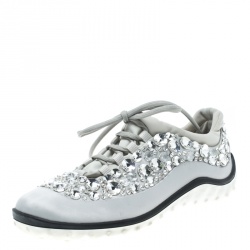 Miu Miu Grey Embellished Satin and Mesh Astro Sneakers Size 38