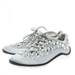Miu Miu Grey Embellished Satin and Mesh Astro Sneakers Size 38