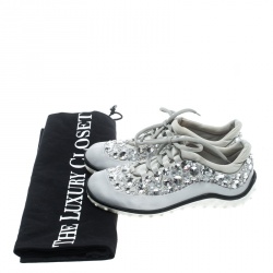 Miu Miu Grey Embellished Satin and Mesh Astro Sneakers Size 38
