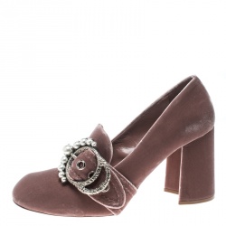 Pre Owned Miu Miu Pale Pink Velvet Pearl Embellished Buckle Block Heel Loafer Pumps Size 39.5