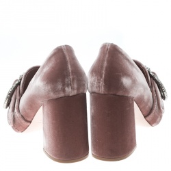 Pre Owned Miu Miu Pale Pink Velvet Pearl Embellished Buckle Block Heel Loafer Pumps Size 39.5