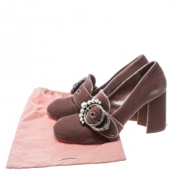 Pre Owned Miu Miu Pale Pink Velvet Pearl Embellished Buckle Block Heel Loafer Pumps Size 39.5