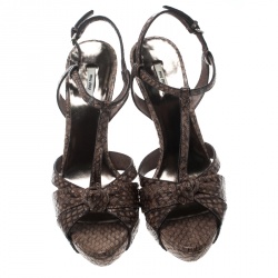 Pre Owned Miu Miu Brown Python Crystal Embellished Heel T Strap Platform Sandals Size 39