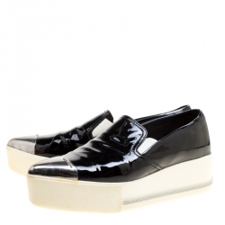 Pre Owned Miu Miu Black Patent Leather Metal Cap Toe Platform Slip On Sneakers Size 41