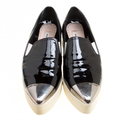 Pre Owned Miu Miu Black Patent Leather Metal Cap Toe Platform Slip On Sneakers Size 41