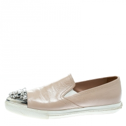 Miu Miu Beige Patent Leather Crystal Embellished Pointed Cap Toe Slip On Sneakers Size 38