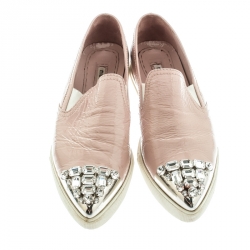 Miu Miu Beige Patent Leather Crystal Embellished Pointed Cap Toe Slip On Sneakers Size 38