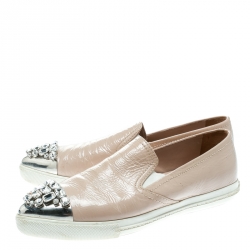 Miu Miu Beige Patent Leather Crystal Embellished Pointed Cap Toe Slip On Sneakers Size 38