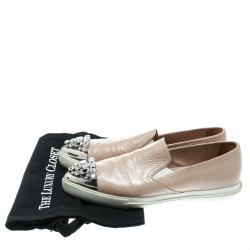 Miu Miu Beige Patent Leather Crystal Embellished Pointed Cap Toe Slip On Sneakers Size 38