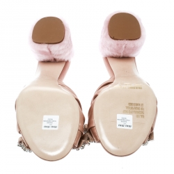 مملوكة مسبقًا Miu Miu Pink Satin and Fur Bow Crystal Embellished Detail Slide Sandals Size 38