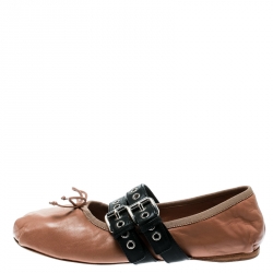 Miu Miu Beige Leather Double Buckle Lace Up Ballet Flats Size 39.5