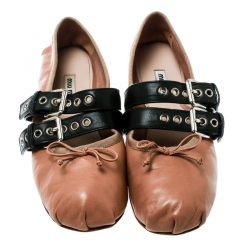 Miu Miu Beige Leather Double Buckle Lace Up Ballet Flats Size 39.5