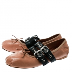 Miu Miu Beige Leather Double Buckle Lace Up Ballet Flats Size 39.5