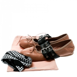 Miu Miu Beige Leather Double Buckle Lace Up Ballet Flats Size 39.5